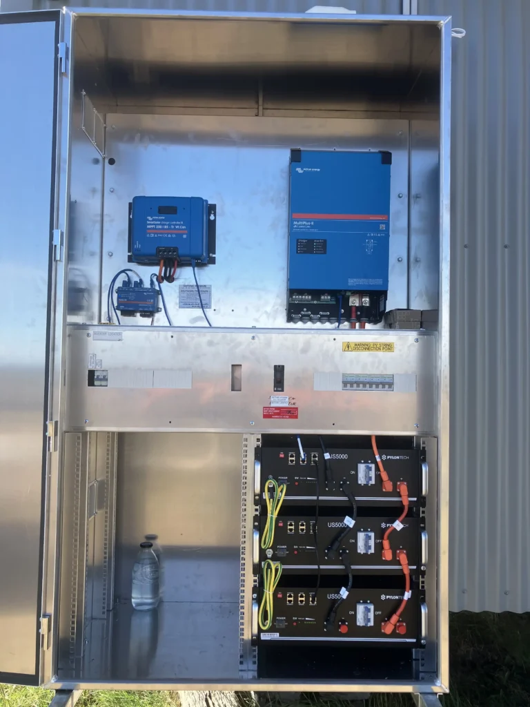 victron-multiplus-ii-pylontech-us5000-yangan-off-grid-cabinet.jpgYangan cabin off-grid system featuring a 5kW Victron MultiPlus-II inverter, SmartSolar MPPT 250/85 charge controller, Cerbo GX monitor, and three Pylontech US5000 batteries in a stainless steel weatherproof enclosure