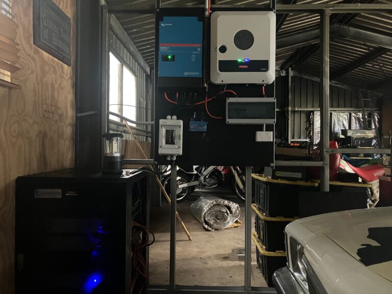 Off grid battery storage system connected inside a shed