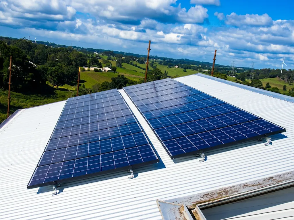 Off grid solar panels installed on a rural Queensland shed roof
