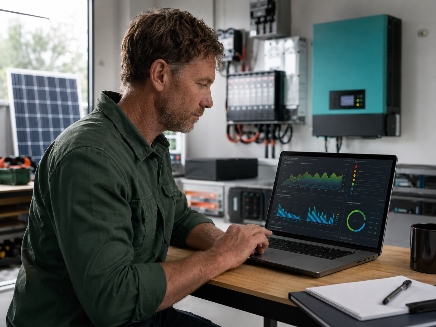Off grid solar technician reviewing remote system monitoring data on a laptop